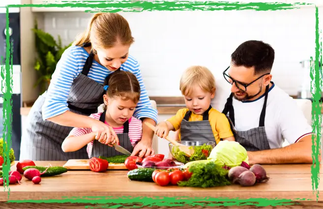 Glad familj lagar mat tillsammans med varor från paleokassen